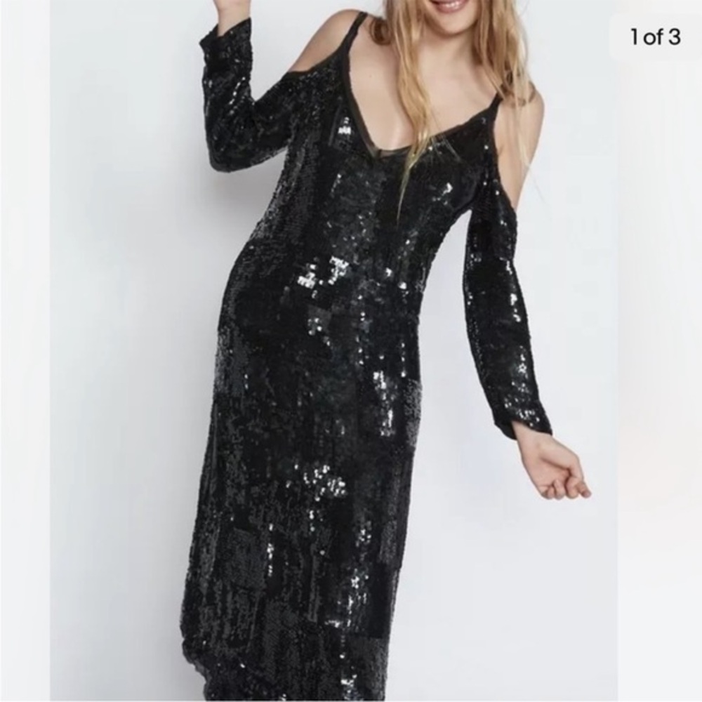 free people Black Sequin Cold Shoulder Midi Dress Size M $500